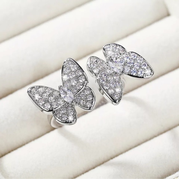 Butterfly Women 925 Silver Adjustment Ring Adorable Cubic Zirconia Party Jewelry - Picture 4 of 5